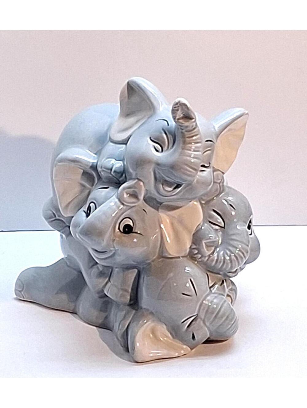 VINTAGE Four Gray Elephants Trunk-Up Stacked Coin Piggy Bank Ceramic w/Stopper
